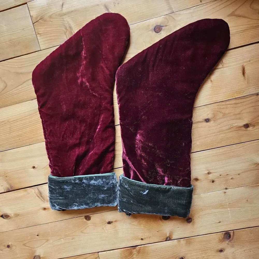 TWO Pottery Barn Christmas Stockings Maroon Green Velvet Mom Dad Embroidered 21